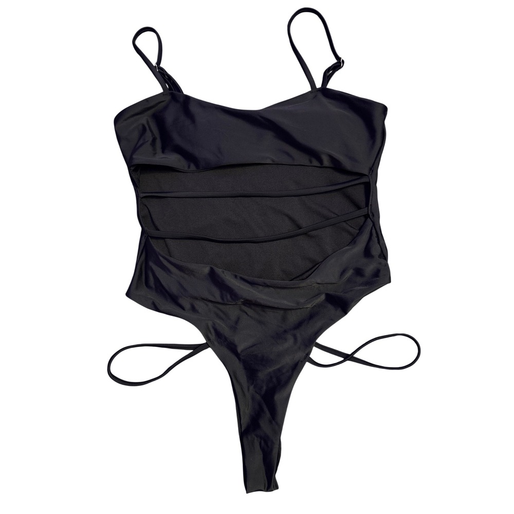 Black Strappy Cutout One Piece Swimsuit Garter Leg Straps High Cut Size S